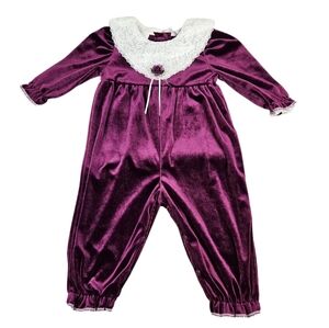 Vintage 90s‎ Rose Cottage Plum Purple Velvet Guipure Lace Jumpsuit Size 24M